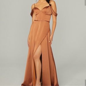 MORILEE Bronze Satin Dress Wedding Bridesmaid Prom Shoulder Long Maxi 2 3 4 6